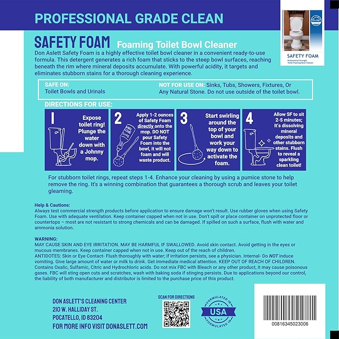 Don Aslett Johnny Mop &amp Safety Foam Toilet Bowl Cleaner (Two 32 Oz Bottles) Set | Acidic Detergent and Deodorizer | 14 Handle to Easily Clean Toilet or Shower | Scratch Free Bowl Swab