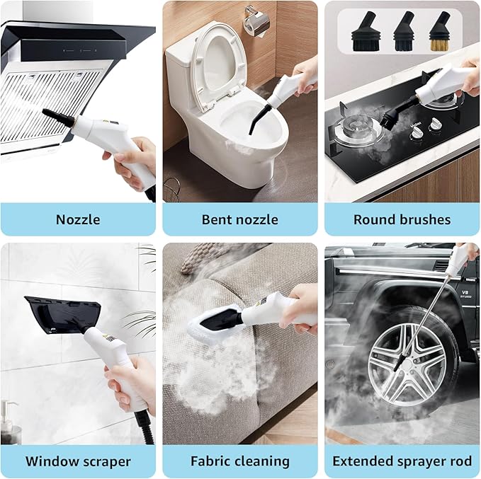 Steam Cleaner 2500W Portable Steamer for Cleaning with 11pcs Accessories 6-Level Adjustable 15s Heat-Up Handheld Steam Cleaner for Home Tile Grease Grout Car Detailing (White)