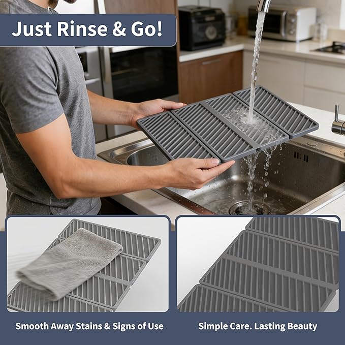 WAFT YEARN Home Dish Pad Dish Drying Mat Stone Drying Mat For Kitchen Bathroom Countertop Bar Counter Diatomite Quick Dry Foldable Absorbent Diatomaceous Earth Kitchen Mat Dark Grey 19.7x15.2 In