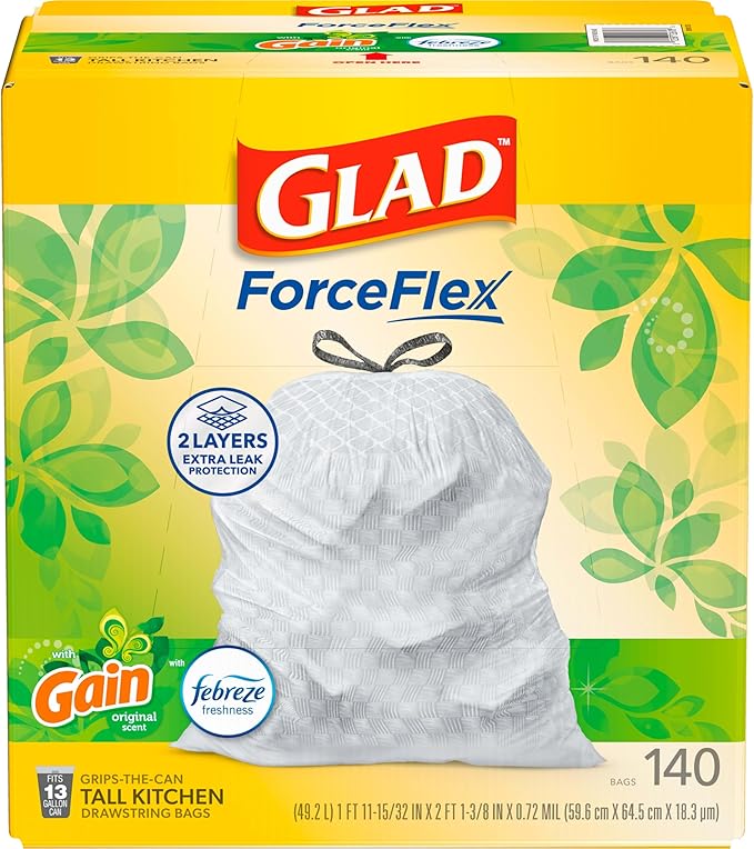 Glad ForceFlex Tall Kitchen Trash Bags 13 Gallon Gain Original 140 Count (Package May Vary)