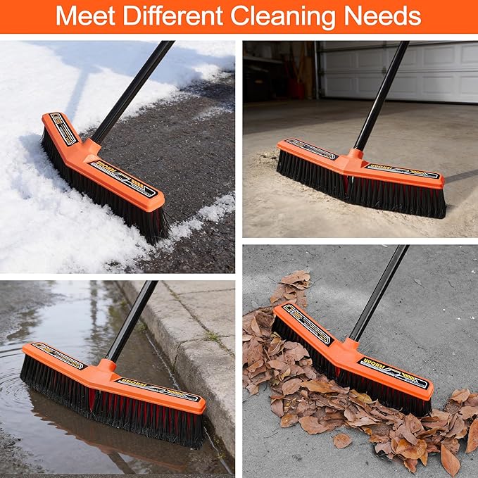 JEHONN Push Broom Outdoor Heavy Duty 15.7 inches V-Shaped Stiff Bristle Commercial Industrial Brush with 61” Long Handle for Garage Warehouse Shop Garden Patio Driveway Yard Street Deck (Orange)