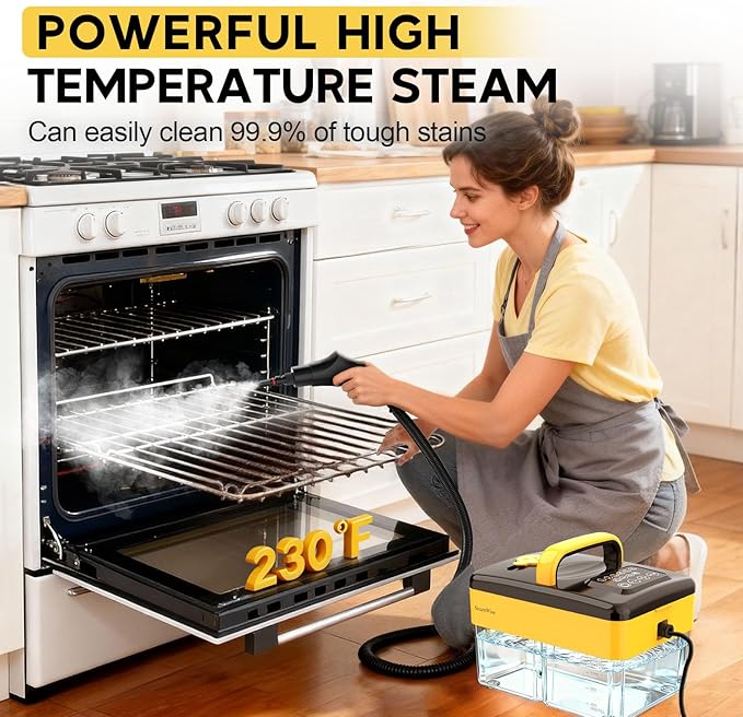 10S Fast Heating Heavy Duty Steam Cleaner 7 Adjustable Levels 1.6 Quarts Tank Continuous Spray Natural Deep Cleaner Portable Handheld Steamer with 15 Accessories for Home Car Tile (Yellow)