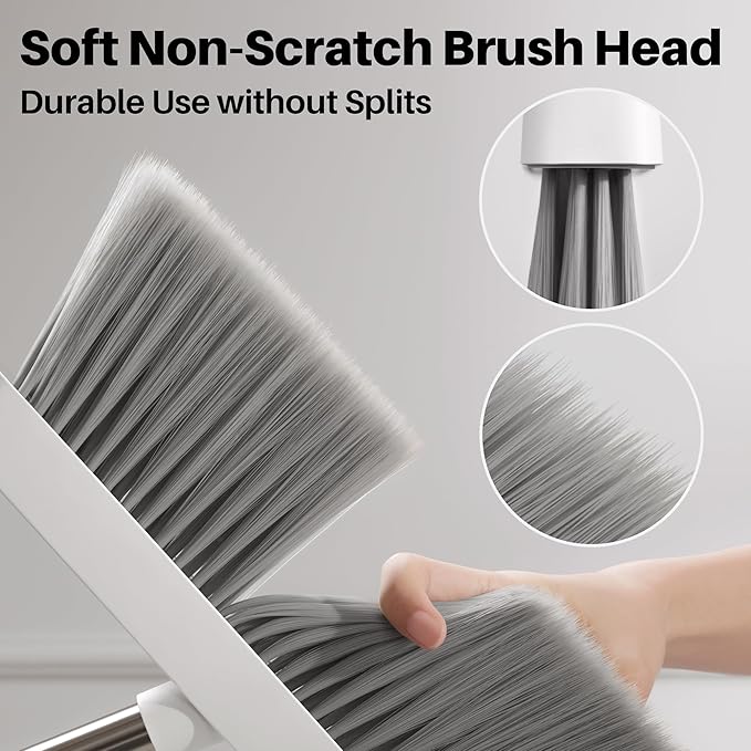 JOYMOOP White Broom and Dustpan Set Upright Angle Design with Built-in Comb Teeth for Kitchen Office Pet Hair Hard Floors
