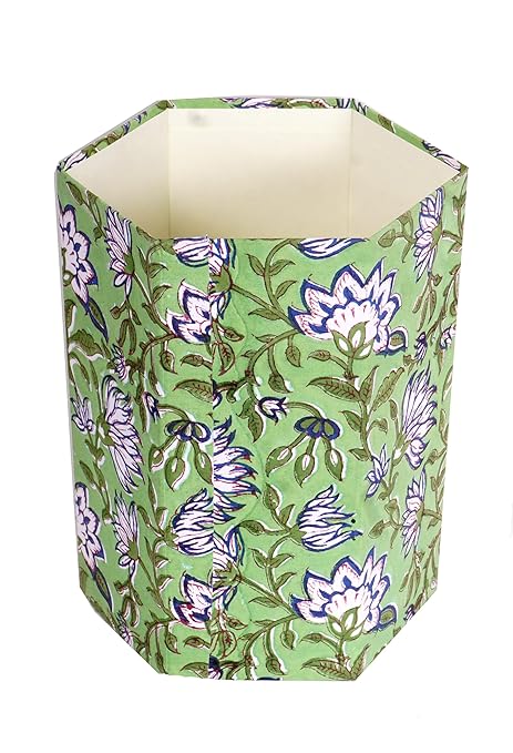 Handmade Cotton Paper Waste Basket Stylish Trash Can for Home or Office (1 Light FREEN FLOWAR)