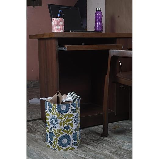 Floral Hand Block Printed 3.3 Gallon Decorative Waste Basket – Eco-Friendly Cardboard Trash Can Plastic-Free &amp Sustainable Perfect for Christmas and Housewarming Gifts (1 Green Blue FLOWAR)