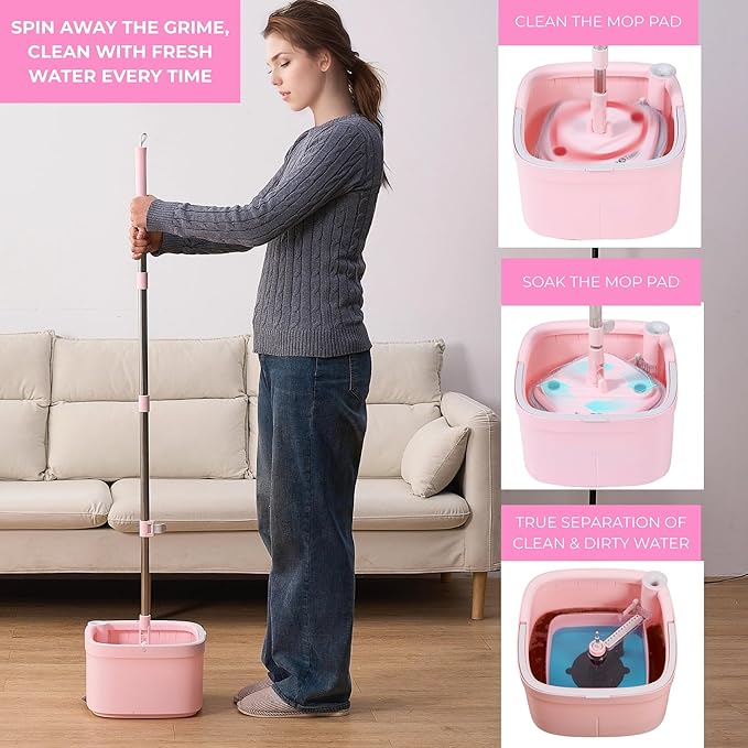 Square Spin Mop &amp Bucket Smart Floor Mop with Separate Compartments for Clean and Dirty Water Self Cleaning 2025 Upgraded Version w/Side Brush &amp Self-Standing Handle Rose