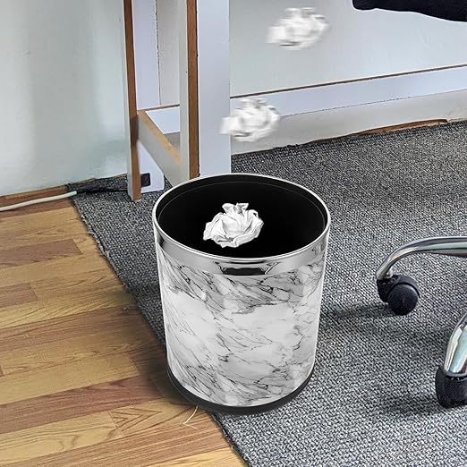 Marble Pattern Trash Can 10L Metallic Rim Garbage Container Bathroom Wastebasket for Home Office Bedroom Kitchen