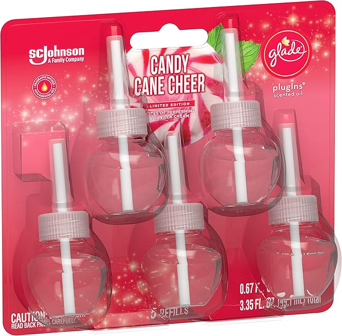 Glade PlugIns Refills Air Freshener Scented and Essential Oils for Home and Bathroom Candy Cane Cheer 3.35 Fl Oz 5 Count