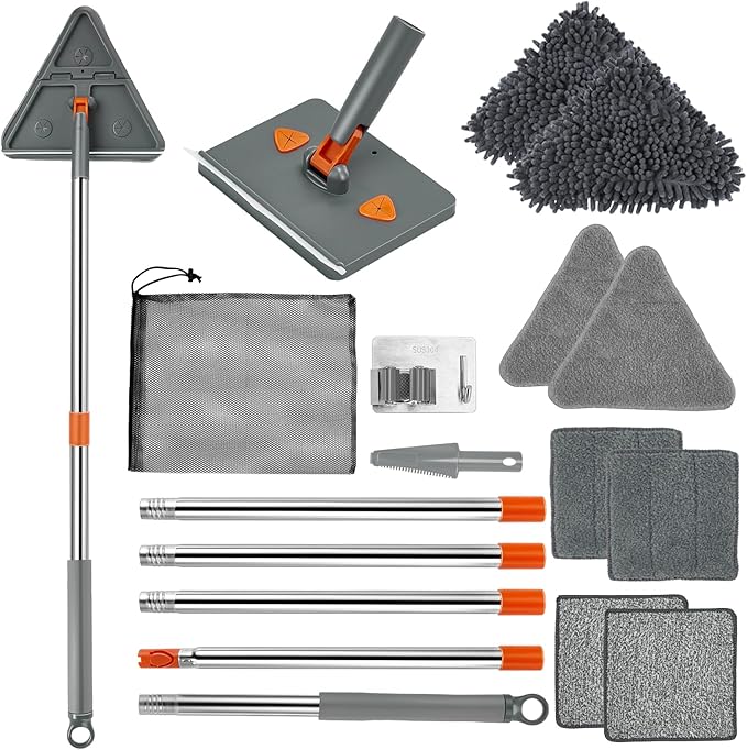 Base Board Cleaner Tool with Handle360°Rotating Wall Cleaner Mop180° Folding Ceiling Tool Duster with Squeegee for Cleaning Wall Ceiling WindowFloor8 Replacement Cleaning Pads