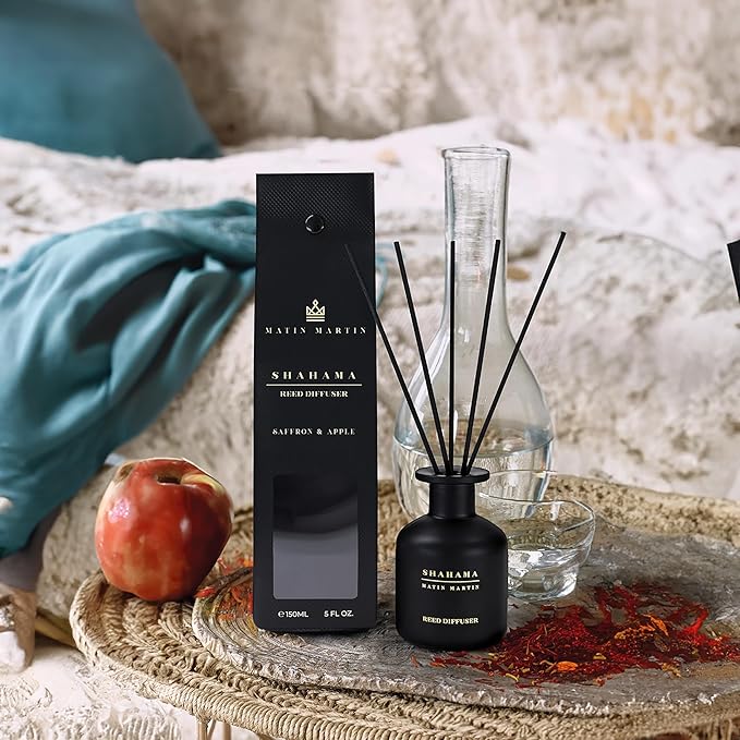 Matin Martin Shahama Reed Diffuser 5 oz - Luxury Aromatherapy with Saffron &amp Apple - Home Decor Gift for Bedroom Office Living Room and Bathroom - Long Lasting Scent with Premium Fragrance Stic