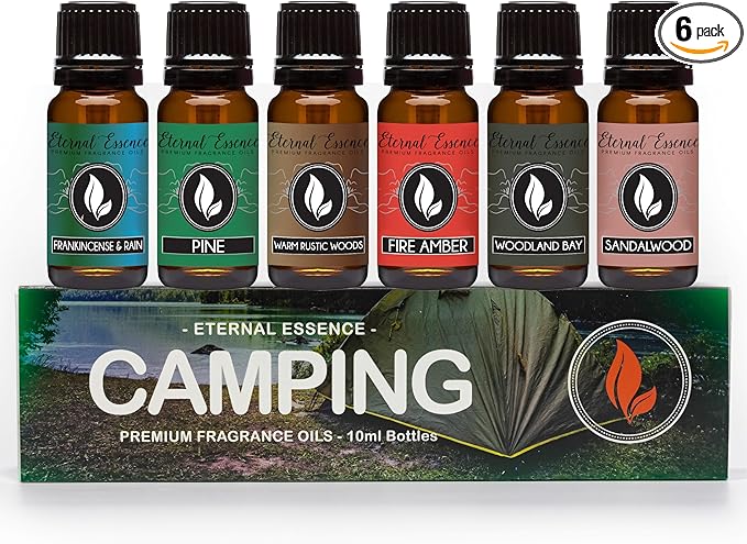 Eternal Essence Oils Camping Set of 6 Premium Fragrance Oils - Includes Warm Rustic Woods Fire Amber Pine Sandalwood Frankincense &amp Rain and Woodland Bay Scented Oils - 10ML