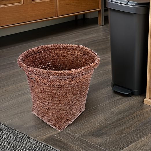 Straw Woven Wastebasket Small Trash Can Coffee Color Medium Size Household Office Waste Paper Basket for Bedroom Bathroom Countertop Use