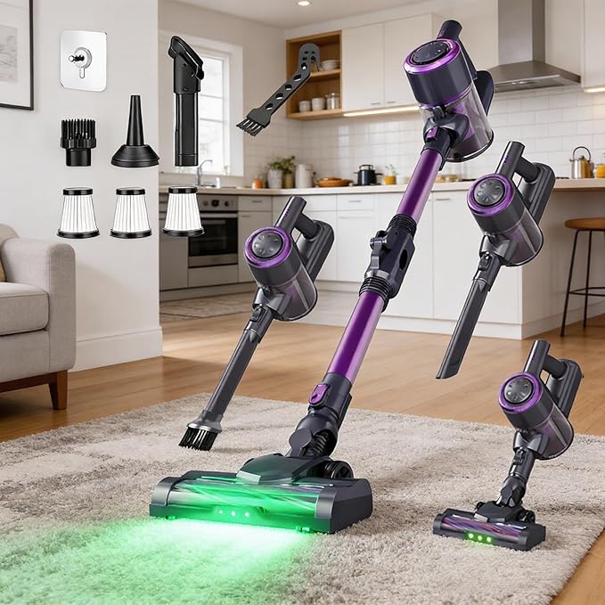 Cordless Vacuum Cleaner Hardwood Floor Vacuum Cleaners for Home Stick Wireless Vacuum with LED Light 50 Min Runtime and Self-Standing Lightweight Vacuum for Pet Hair Carpets &amp Hard Floors