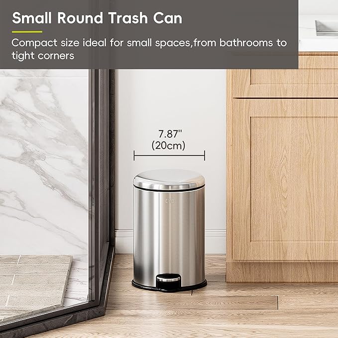 EKO Serene 5L / 1.32 Gallon Step Trash Can with Lid Small Stainless Steel Round Garbage Can with Removable Inner Bucket Compact Bin for Powder Rooms Offices &amp Tight Bathroom Spaces.