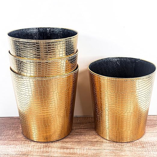 Leather Trash Can Decorative Waste Basket 10L Capacity Small Waste Paper Basket Waterproof Garbage Can for Bathroom Bedroom Office Kitchen and Living Room - Golden
