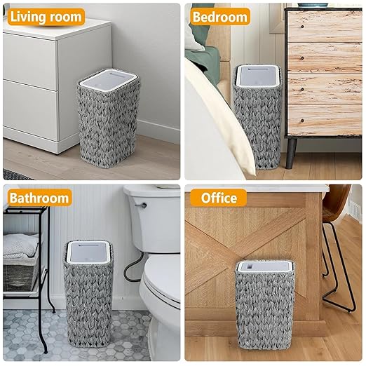 Boho Trash Can with Press Top Lid 2.6 Gallon Rattan Garbage Can Woven Wastebasket Rattan Waste Basket Wicker Recycling Basket for Toilet Office Bedroom Living Room (Gray)