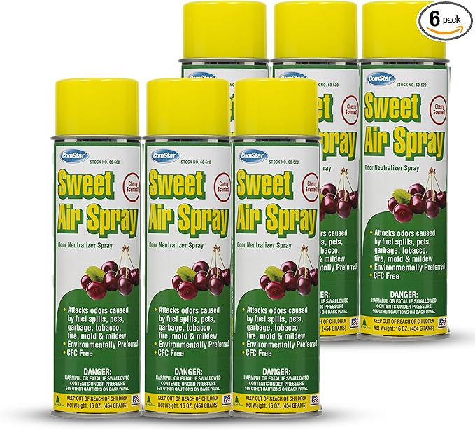 ComStar Sweet Air Spray 16 Ounces Aerosol Odor Neutralizer Spray With Strong But Pleasant Cherry Scent Works Fast to Eliminate Unwanted Fuel Garbage HVAC Odors Made In USA (PACK OF 6)