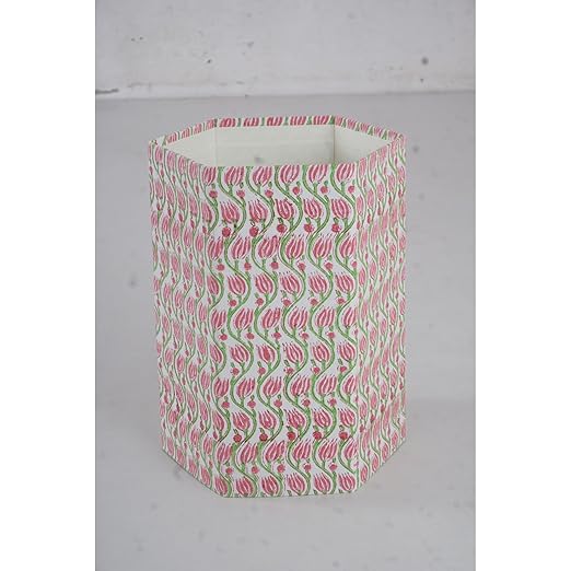 Floral Hand Block Printed 3.3 Gallon Decorative Waste Basket – Eco-Friendly Cardboard Trash Can Plastic-Free &amp Sustainable Perfect for Christmas and Housewarming Gifts (1 Pink Green LHARIYA)