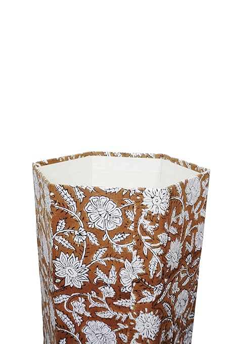 3.3 Gallon Cotton Hand Block Printed Paper Waste Basket |Small Decorative Trash Can for Housewarming Gifts in Living Room Bedroom Bathroom | Eco-Friendly Plastic-Free (1 Brown White FLOWAR)
