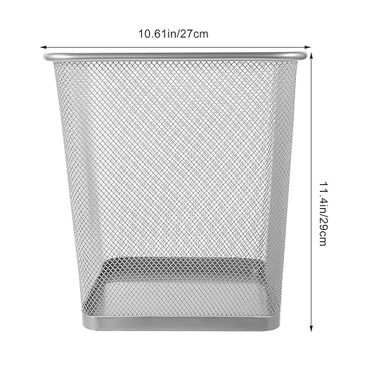 PRETYZOOM Household Metal Mesh Design Trash Can Breathable Large Waste Bin for Bedroom Living Room Kitchen and Office Sleek Silver Square Garbage Container