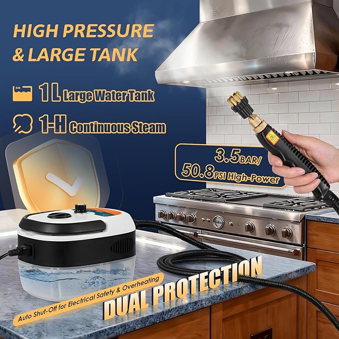 2500W Handheld Steam Cleaner Pressurized Steam Cleaning Machine with 3 Brush Heads 20s Heat Up 1L Tank Multipurpose Mini Portable Steamer for Tile Grout Furniture Kitchen Car Home