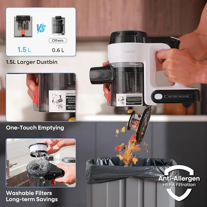 YONNDER Cordless Vacuum Cleaner 550W 55KPA 70Mins Powerful Vacuum Cleaners for Home with Anti-Tangle LED Display Screen Self-Standing Stick Vacuum for Hardwood Floors/Pet Hair/Carpet M1