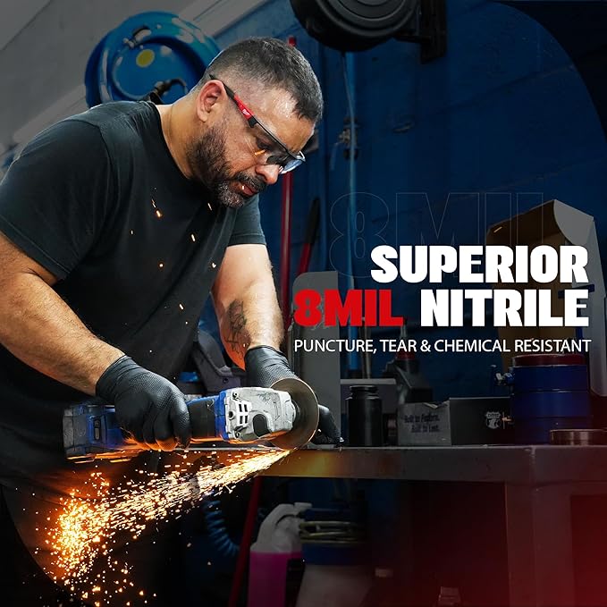 Herkules Grip Heavy Duty 8Mil Black Nitrile Gloves3D Raised Diamond Texture-Latex &amp Powder-Free Industrial Mechanic