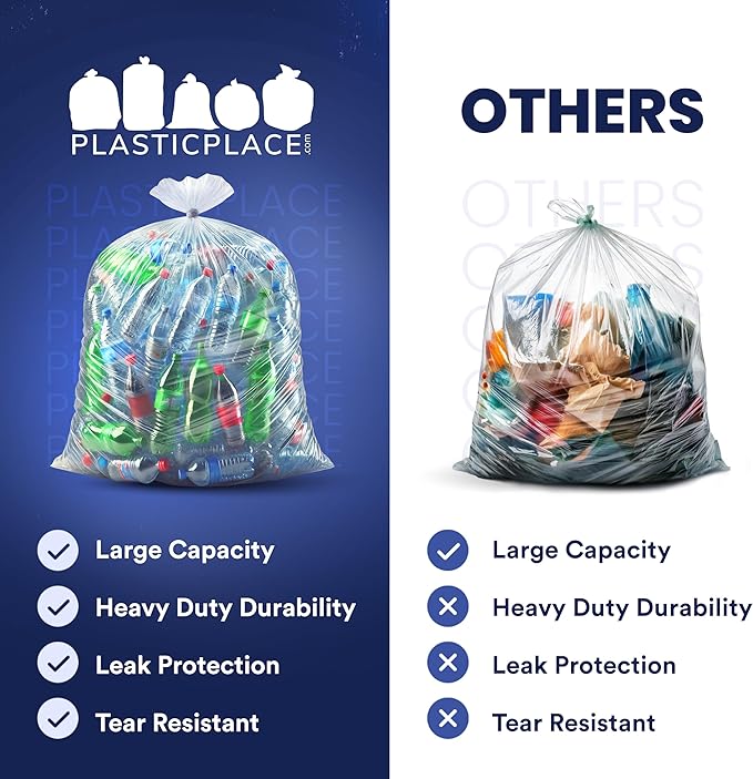 Plasticplace Heavy Duty 55-60 Gallon Trash Bags – Clear Garbage Can Liners (38” x 58”) – Durable Multiuse Puncture-Resistant 50 Count – Ideal for Kitchens Warehouses and Recycling Trashbags 1.5 Mil