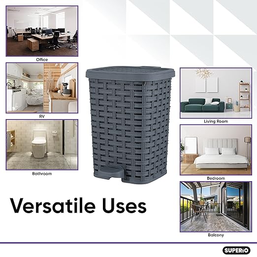 Superio Mini Trash Can with Foot Pedal Small Outdoor Garbage Can with Lid 1.5 Gallon Plastic Waste Basket for Bathroom Bedroom Kitchen Office Patio (Wicker Grey 6 QT.)