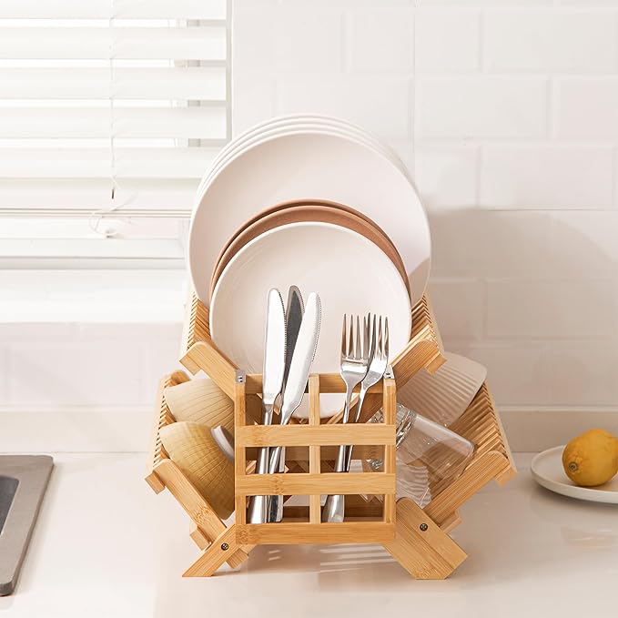 HBlife Bamboo Dish Drying Rack with Utensils Flatware Holder Set 3-Tier Large Folding Drying Holder for Kitchen Counter Collapsible Drainer