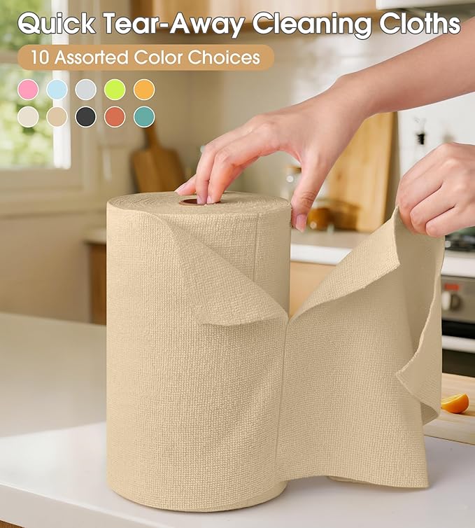 KitchLife Microfiber Cleaning Cloth Roll 100 Pack - Tear-Away Microfiber Paper Towels Lint-Free Reusable Washable for Kitchen Car Dishes and Sensitive Surfaces (Wheat)