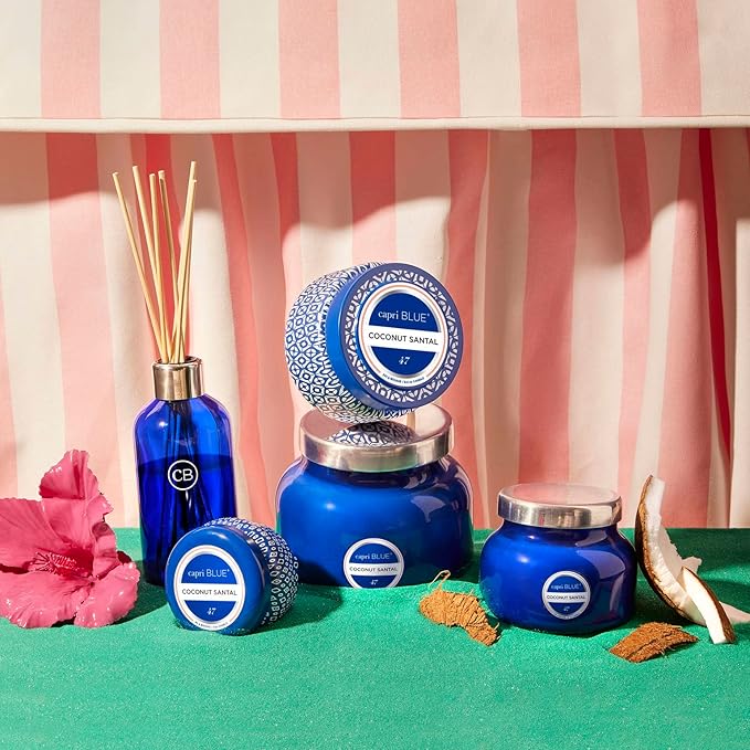 Capri Blue Coconut Santal Reed Diffuser Set - Includes Reed Diffuser Sticks Fragrance Oil and Glass Bottle - Luxury Scented Room Fresheners - Cobalt Blue (8 fl oz)
