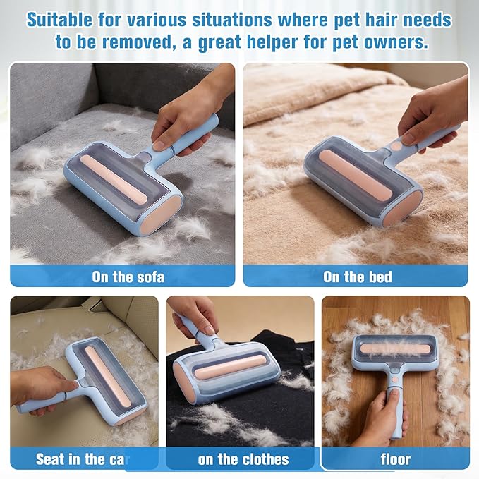 Pet Hair Remover Set with Spray &amp Self-Storage – Reusable Double-Sided Roller 4-Piece Grooming Brushes &amp Combs for Dogs Cats Furniture &amp Clothing