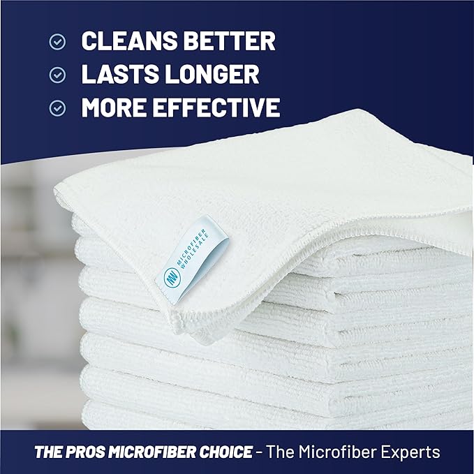 MW Pro Microfiber Cleaning Cloth | White (12 Pack) | Size 16 x 16 | All Purpose Microfiber Towels - Clean Dust Polish Scrub Absorbent