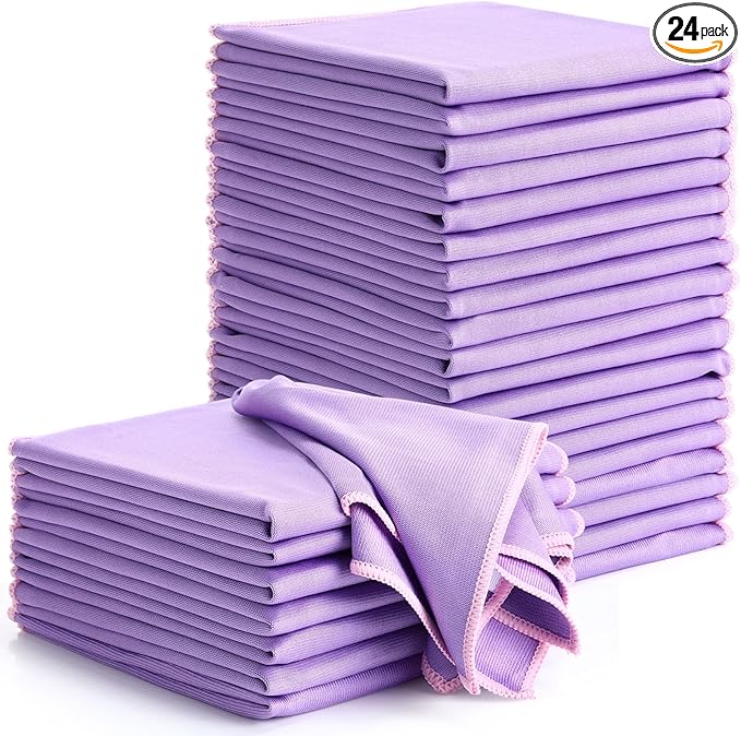 Maxcheck 24 Pack Magic Cleaning Cloth 16 x 16 Inch Microfiber Glass Cleaning Cloths Reusable Lint Free Microfiber Towels for Kitchen Dish Windows Mirror Glass Car(Purple)