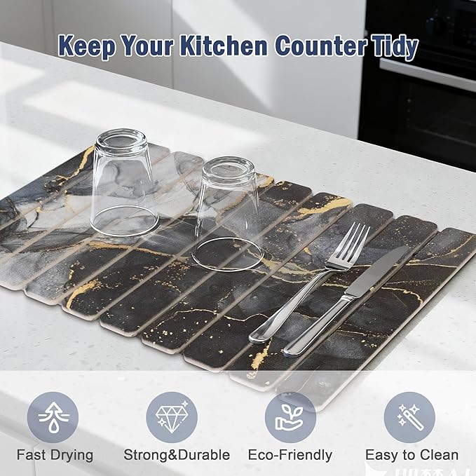 Large Stone Drying Mat for Kitchen Counter 24×16 Black Marble Quick Dish Drying Mat with Sanding Pads Non-Slip Roll Up Absorbent Diatomaceous Earth Mat for Dishes Bottles Cups