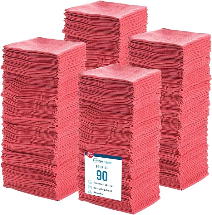 Simpli-Magic Cotton Shop Towels 14x12 (90 Pack) – Reusable Cleaning Shop Rags for Automobiles Industries Garage and Homes (Red)