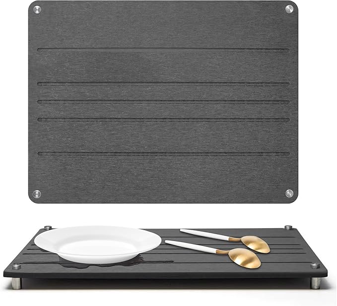 Stone Dish Drying Mat 15.7x11.8(DARK GRAY) Fast Dry Diatomaceous Earth Drying Mat Non-Slip Absorbent Kitchen Bath Counter Mat with Stainless Steel Legs