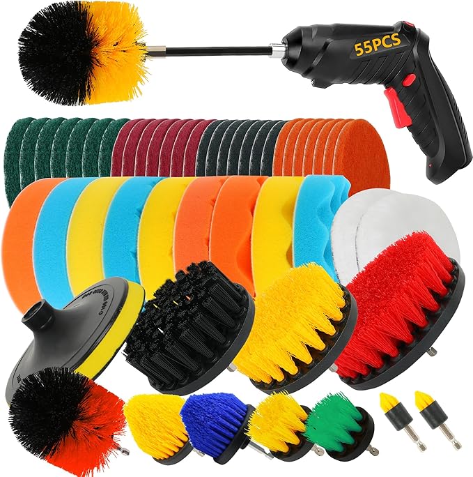 55pcs Drill Brush Attachment Set - Cleaning Scrubber Brush Kit with Cordless Screwdriver Wear-Resistant Extend Long Attachment Scouring Pads Sponge Polishing Pads for House Car BBQ