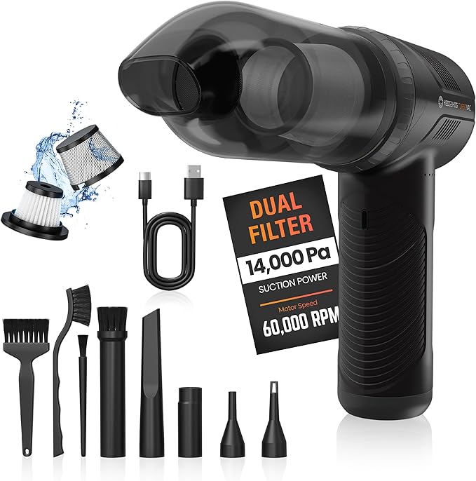 Hedgehog TurboVAC 3 in 1 Portable Car Vacuum Cleaner Blower &amp Air Pump - Hand Held Vacuum Cleaner for Car with USB C Rechargeable 14000PA Powerful Suction Lightweight Dust Buster for Home &amp