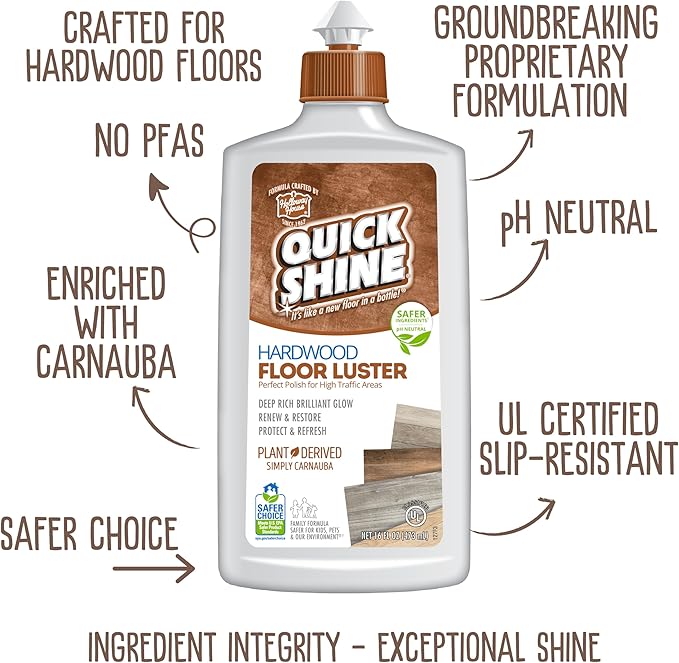 Quick Shine Hardwood Floor Clean + Polish Mop Kit w/ 3 Reusable Pads &amp 1-16 oz. Floor Luster w/Plant-Derived Carnauba | Use Wet + Dry | Safer Choice pH Neutral Ready to Use Formula