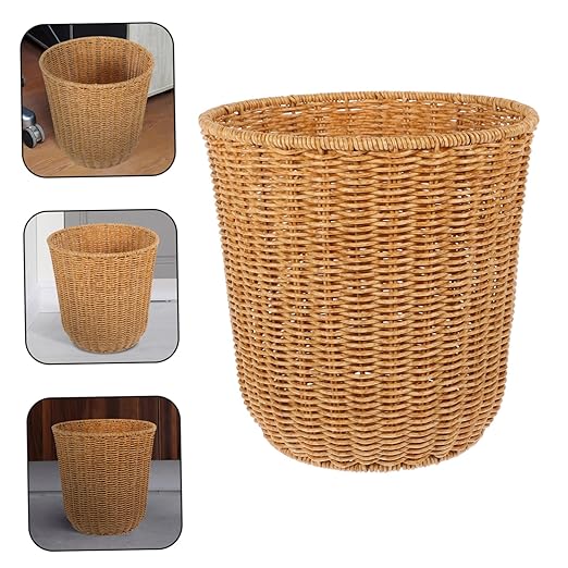 Imitation Rattan Woven Trash Can Medium Size Household Wastebasket Stylish Storage Basket for Home Office and Bathroom