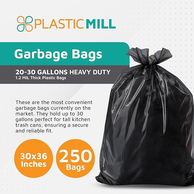 PlasticMill Heavy Duty Black Tall Garbage Bags - 20-30 Gallon Large Kitchen Trash Can Liners 1.2 Mil 30x36 (250-Count)