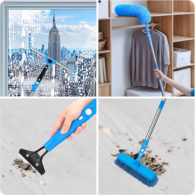 Window Squeegee5 in 1 Bendable Head Window Squeegee for Home61''Extension PolesBendable Head car Window Cleaner ToolSqueegee for Shower Glass（Blue）