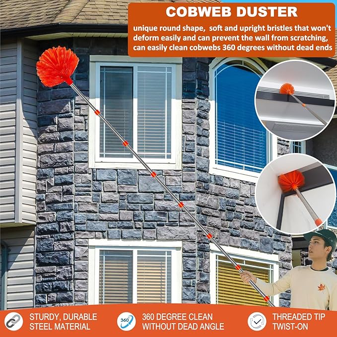 20+ Feet High Reach Duster Kit with 3-14 ft Extension Pole // High Ceiling Dusting and Window Cleaning Kit with Spliceable Pole - Window Washer &amp Squeegee Cobweb Duster Fan Blade and Feather Dus