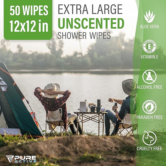 Body Wipes for Camping 50 XXL Camping Wipes 12''x 12'' Shower Body Wipes for Camping Body and Face Wipes Biodegradable Personal Hygiene Body Cleansing Wipes for Women Men Kids Elderly Travel