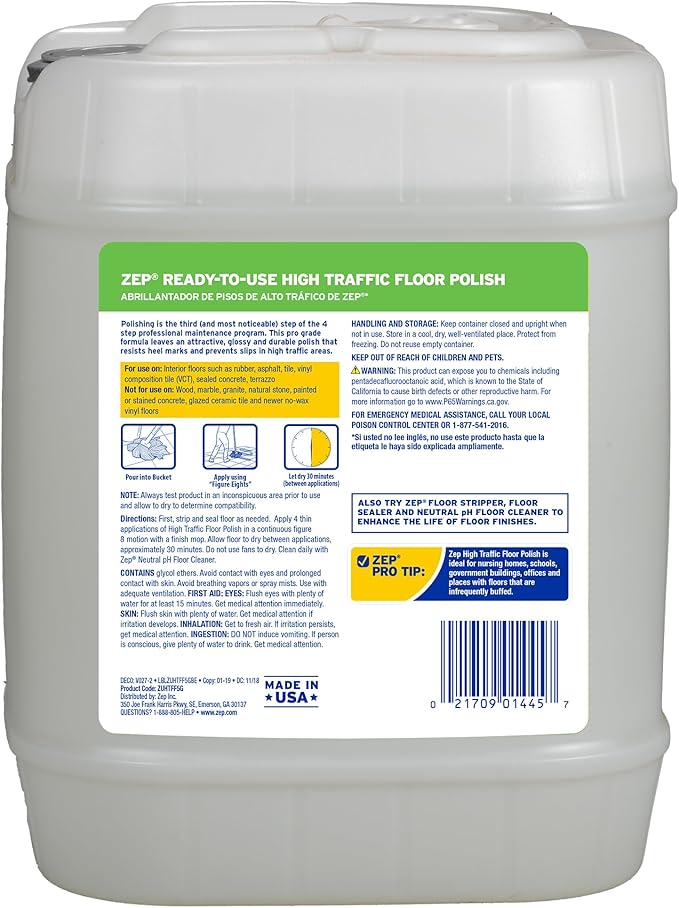 Zep High Traffic Floor Polish - 5 Gal (1 Pail) ZUHTFF5G - Scuff and Slip Resistant Durable Floor Finishing Polish for Vinyl (VCT) Sealed Concrete Rubber Tile and Terrazzo Floors