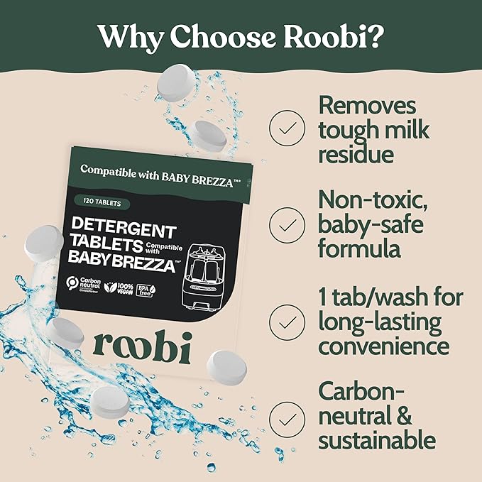 Roobi Detergent Tablets Compatible with Baby Brezza Bottle Washer Pro. Removes Milk Residue &amp Odor Hypoallergenic Carbon Neutral Formula. 120 Count.
