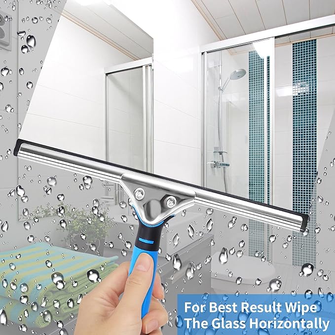 Squeegee with Shelf Storage for Window CleaningWindow Cleaning Squeegee kit with Bucket&ampMicrofiber ScrubberBathroomShower DoorsMirrorsTilesand Car Windows Blue