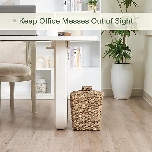 Wicker Trash Can with Lid and Liner - Rattan Trash Can for Bathroom - Decorative Wicker Waste Basket for Bedroom Kitchen and Office (Natural Seagrass)